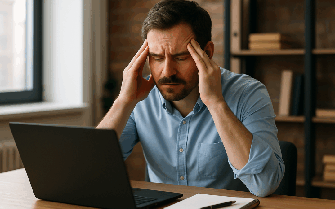 Frustrated small businessman with a headache looking at his website